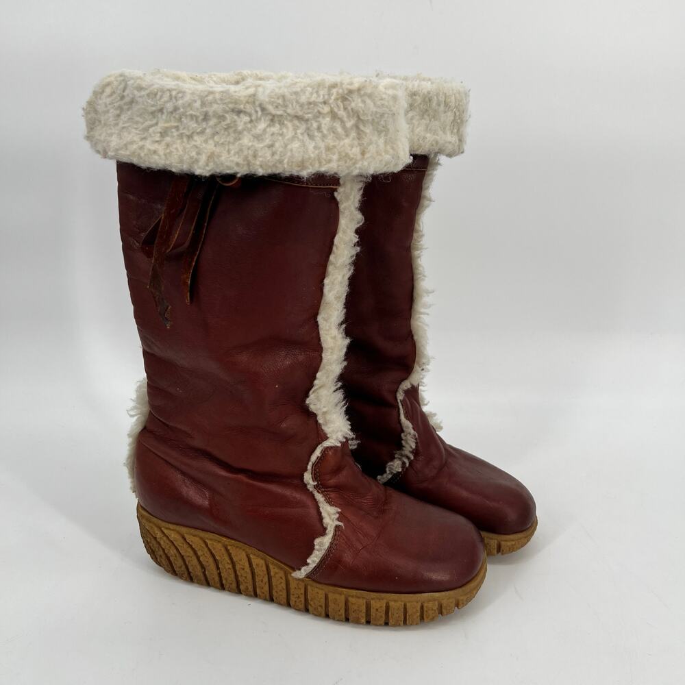 Vtg Husky by Bastien Boots Sherpa Fold Over Womens 6 Brown Leather Wedge Canada